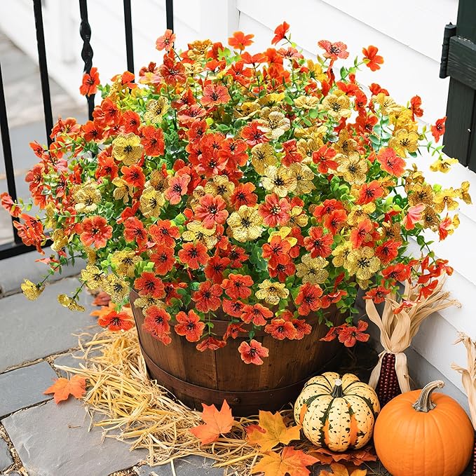Artificial Fall Flowers Fake Mums for Outdoor Autumn Decoration, 12 Bundles Faux Silk Orange Yellow Mums Daisy Look Real UV Resistant for Outside Home Porch Patio Planter