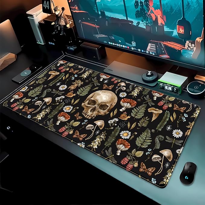 Cool Skull Desk Mat Floral Mouse Pad Black Mushroom Plants Goth Desk Pad XXL Large Gaming Mousepad Laptop Computer Keyboard Mouse Mat 31.5x15.75 in, Office Desk Mats Decor Accessories for Women