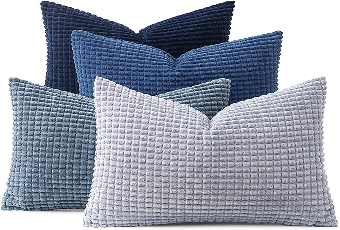 MIULEE Blue Decorative Lumbar Pillow Covers 12x20 Inch Set of 4 Boho Western Farmhouse Home Decor Couch Throw Pillows Summer Coastal Corduroy Pillowcases Industrial for Sofa Living Room Bed