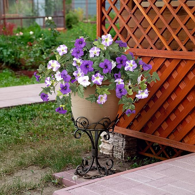 Artificial Fake Flowers Plants for Outdoor Decoration, 2PCS Faux Petunias Silk Flower UV Resistant No Fade Floral for Home Outside Garden Balcony Yard Porch Realistic Indoor Decor (Purple White)