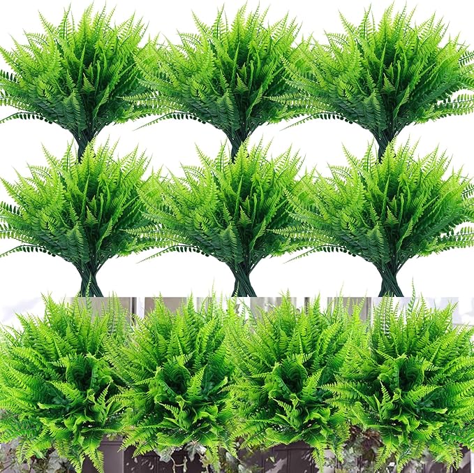 summer flower 10pack Fake Fern Plants Faux Boston Ferns UV Resistant Greenery for Outdoor Front Porch Filler Garden Party Artificial Ferns Stems for Indoor Home Hanging Planter Window Box Decorations