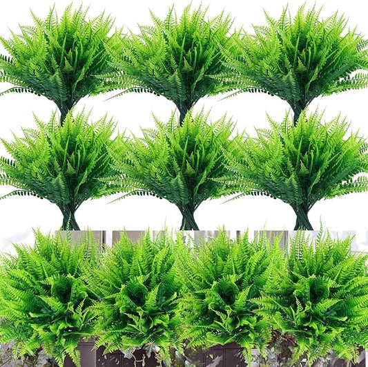 summer flower 10pack Fake Fern Plants Faux Boston Ferns UV Resistant Greenery for Outdoor Front Porch Filler Garden Party Artificial Ferns Stems for Indoor Home Hanging Planter Window Box Decorations
