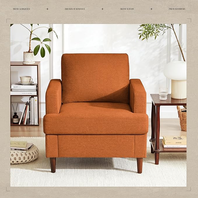 Mid-Century Accent Chair,Modern Linen Fabric Armchair for Living Room,Comfy Upholstered Reading Accent Chairs for Bedroom,Single Sofa Chair with Wood Legs (Orange, 2 Pack)