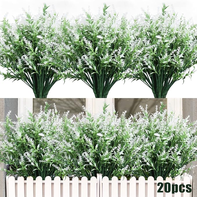 Outdoor Artificial Plant UV Resistant Fake Plants, Faux Plastic Greenery for Indoor Outside Hanging Plants Garden Porch Window Box Home Wedding Farmhouse Décor Outdoor Decorations for Patio (White)