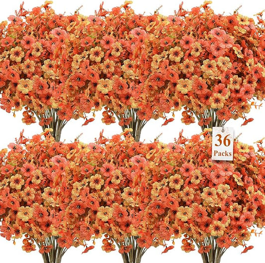 SHareconn 36 Bundles Artificial Fall Flowers for Outdoors Decoration, UV Resistant Silk Eucalyptus Lavender Faux Autumn Fake Plants for Outside Indoor Garden Yard Porch Home Decor, Autumn Orange-Red