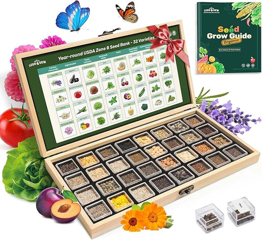USDA Zone 8 Heirloom Seed Bank, 30,000+ Non-GMO 32 Varieties of Seeds for Planting Vegetables, Survival Seed Kit for Raised Garden Bed, Greenhouse, Gardening Gifts for Women Men