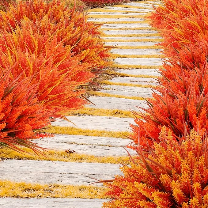 Geegoods 24 Bundles Artificial Fall Flowers Outdoor – Faux Lavender Flowers with Monkey Grass UV Resistant Plastic Faux Plants for Garden Porch Patio Home Decor, Autumn-Orange Color
