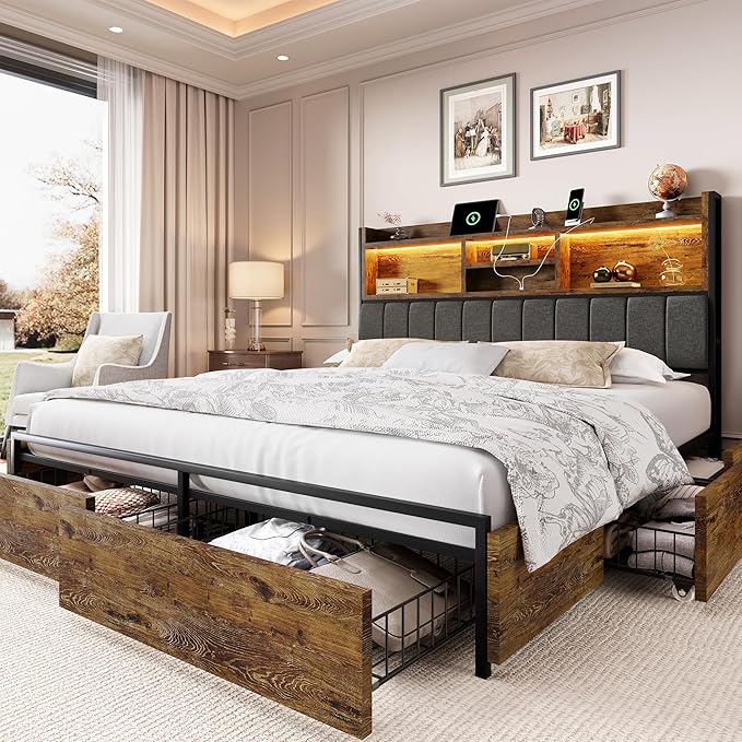 LARMACE King Bed Frame with 6 Storage Drawers, Bed Frame King Size with Linen Upholstered Headboard, Built in Charging Station and LED, No Noise, Metal Support, No Box Spring Needed,Vintage Brown