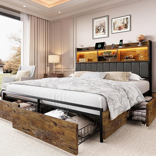 LARMACE King Bed Frame with 6 Storage Drawers, Bed Frame King Size with Linen Upholstered Headboard, Built in Charging Station and LED, No Noise, Metal Support, No Box Spring Needed,Vintage Brown