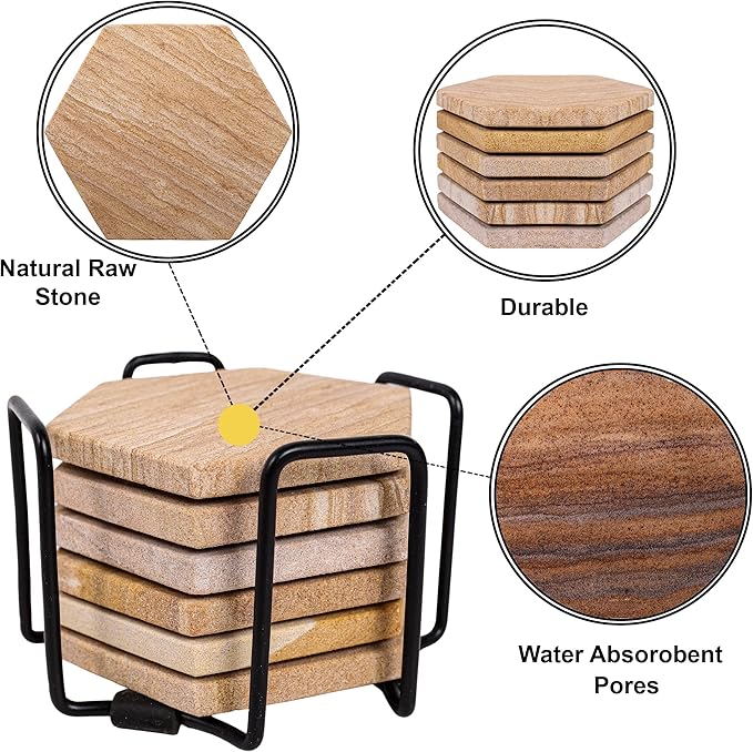 Sandstone Water Absorbent Hand Crafted Hexagon Coasters for Drinks - 4 Inches Wide Thirsty Stone Bar/Drink Coasters- Made from Rainbow Sandstone (Set of 6 with Holder)
