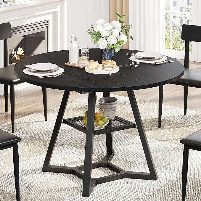 Round Dining Table for 4, Black Kitchen Tables Dining Room Circle Dinner Table with Pedestal Metal Frame, 47 Inch Space Saving Wood Industrial Kitchen & Dining Room Tables