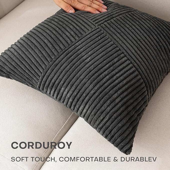 Decorative Throw Pillow Covers 20x20 Inch Set of 2 for Boho Living Room Farmhouse Home Decor, Spring Pillow Covers for Couch Bed, Soft Corduroy Striped Patchwork Cushion Cases, Dark Gray