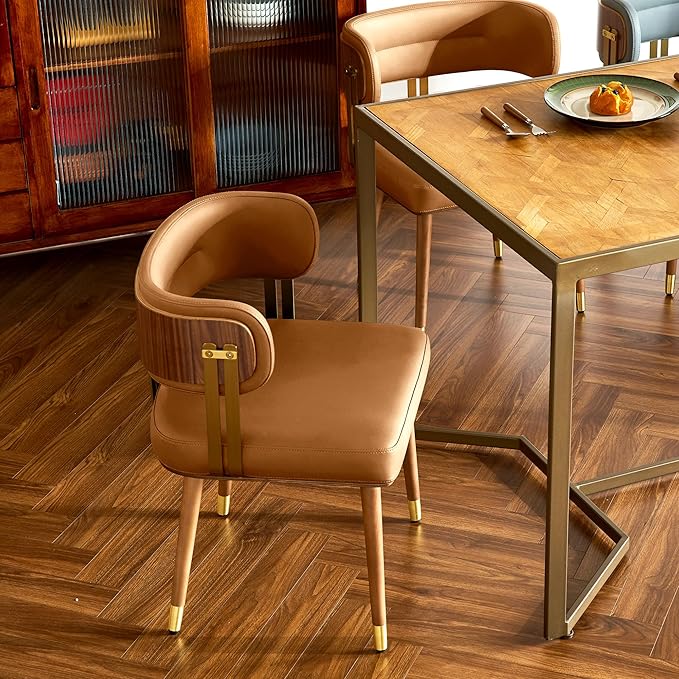 Modern Mid-Century Upholstered Leather Dining Chairs with High-Resilience Foam, Walnut Wood Veneer&Gold Metal Legs,Dining Chairs with Anti-Slip Pads,Light Brown