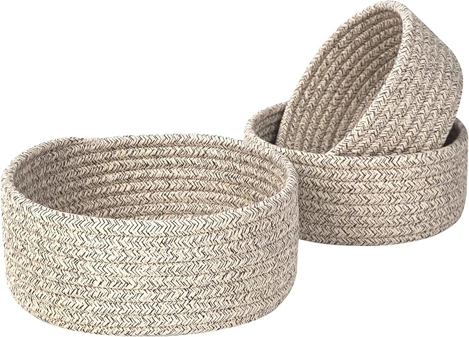 MINTWOOD Design Set of 3 Cotton Rope Nesting Bowls, Small Catch All Basket, Cute Closet Baskets and Bins for Shelves, Mini Table Basket Organizer for Small Accessories, Light Brown