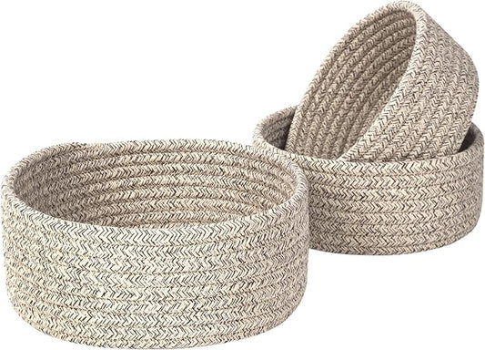 MINTWOOD Design Set of 3 Cotton Rope Nesting Bowls, Small Catch All Basket, Cute Closet Baskets and Bins for Shelves, Mini Table Basket Organizer for Small Accessories, Light Brown