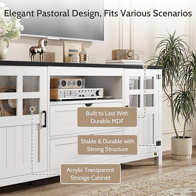 Farmhouse TV Stand for 65 Inch TVs, Entertainment Center with Adjustable Shelves, 2 Barn Doors and Drawers, Storage Media Cabinet for Living Room or Bedroom-White