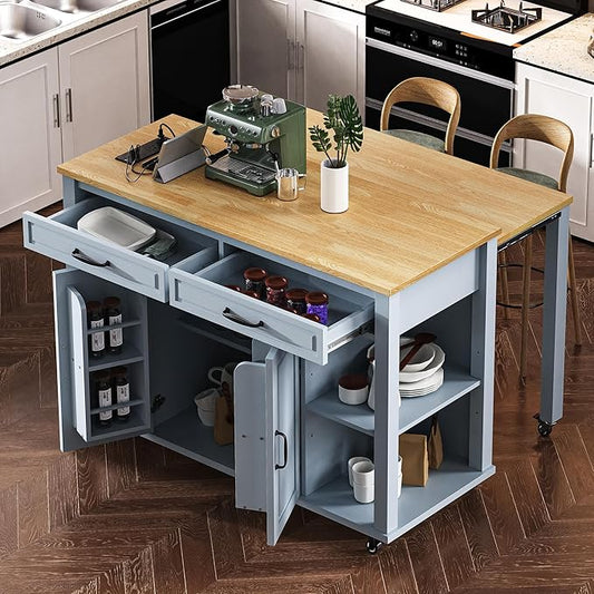 Merax Rolling Kitchen Island on Wheels with Extendable Dining Table & Power Outlet, Wood Kitchen Cart on Wheels with Internal Storage Rack,2 Drawers & 2 Cabinets, 47" Wide Grey Blue