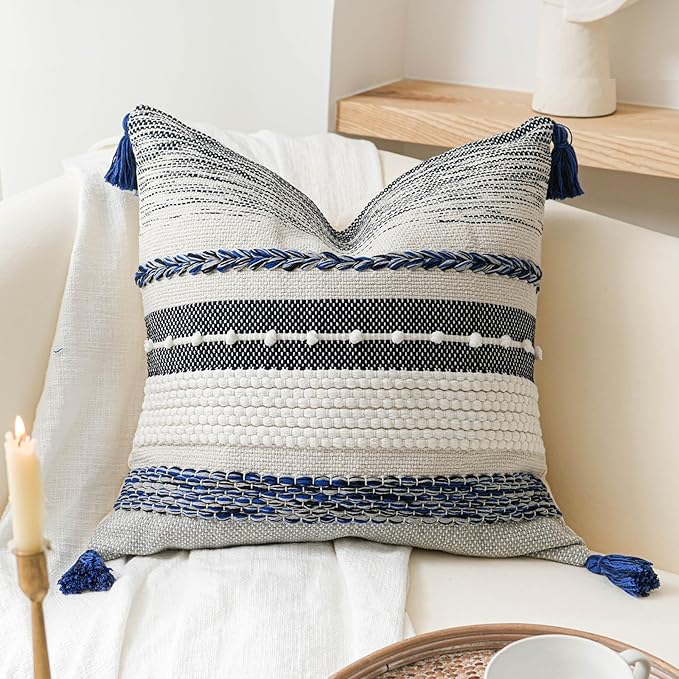 BlissBlush Navy Dark Blue Boho Throw Pillow Cover 22x22 Grey Decorative Accent Pillow for Couch Square Woven Textured Pillowcase Modern Boho Pillow for Bed, Bohemian Pillow Cover (Pack of 1)