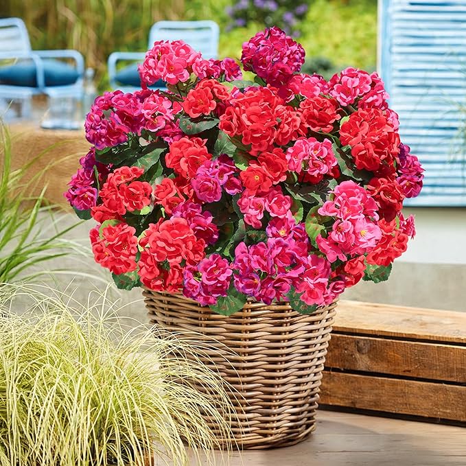 Artificial Geranium Fake Flowers for Outdoors Decoration, 6 Bundles Silk Geraniums Flower UV Resistant Look Real Faux Plants for Front Door Garden Porch Planter Patio Balcony Yard Indoor Home, Mix