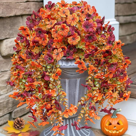 INSPRING Fake Autumn Flowers for Outdoors, 2Pcs Artificial Fall Light Orange & Brown Daisy Outside Decor, Fake Hanging Decoration, Realistic Plants, Silk Flower for Porch Patio Balcony Planter