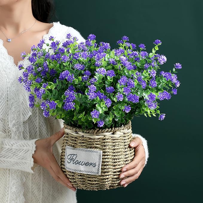 SITUMEIZI 8 Bundles Purple Artificial Flowers Outdoor Fake Flower Plastic UV Resistant Shrubs Greenery Plants Hanging Decorations Garden Porch Window Box Farmhouse Outside Summer Indoor Decor