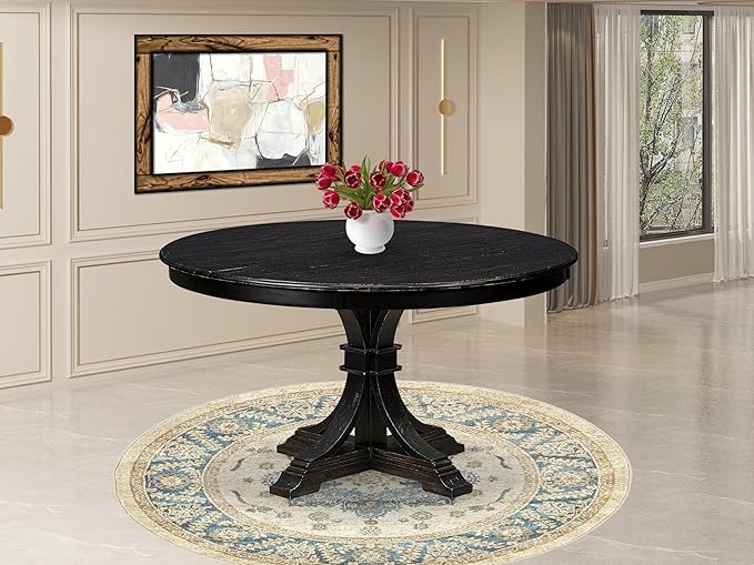 F57-11-TP - Modern Kitchen Table with Acacia Wood Round Tabletop, Sand Blasted Black Finish