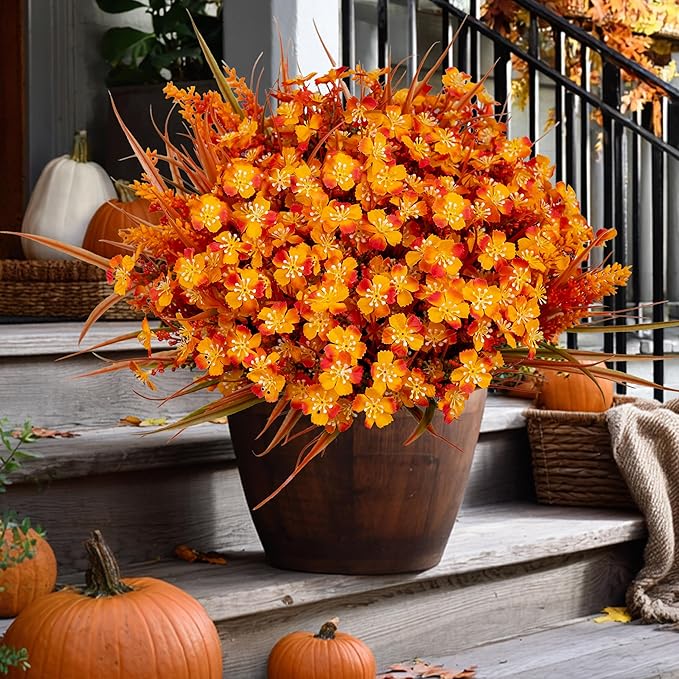 Artificial Fall Flowers Outdoor Fake Mums - 16 Bundles Fake Plants UV Resistant No Fade Faux Plastic Greenery Garden Porch Patio Fall Home Decor (1, OrangeGreen)