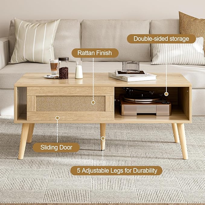 Wood Coffee Table with Storage, Boho Dining Table with Sliding Rattan Door Panel and Solid Wood Legs, Small Coffee Tables for Living Room, Oak (Oak_LSJ008)