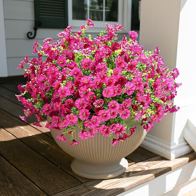Artificial Flowers for Outdoors Fake Plants, 12 Bundles Faux Fuchsia Morning Glory UV Resistant Look Real Silk Flowers for Outside Planter Front Door Porch Patio Yard Fall Autumn Decoration