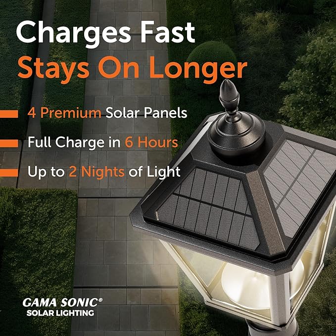 Gama Sonic Imperial Bulb V2 Outdoor Solar Lamp Post Light, Black Aluminum, Single Lamp with 3-inch Fitter for Posts or Pier Mount (Sold Separately), Warm White 2700K,