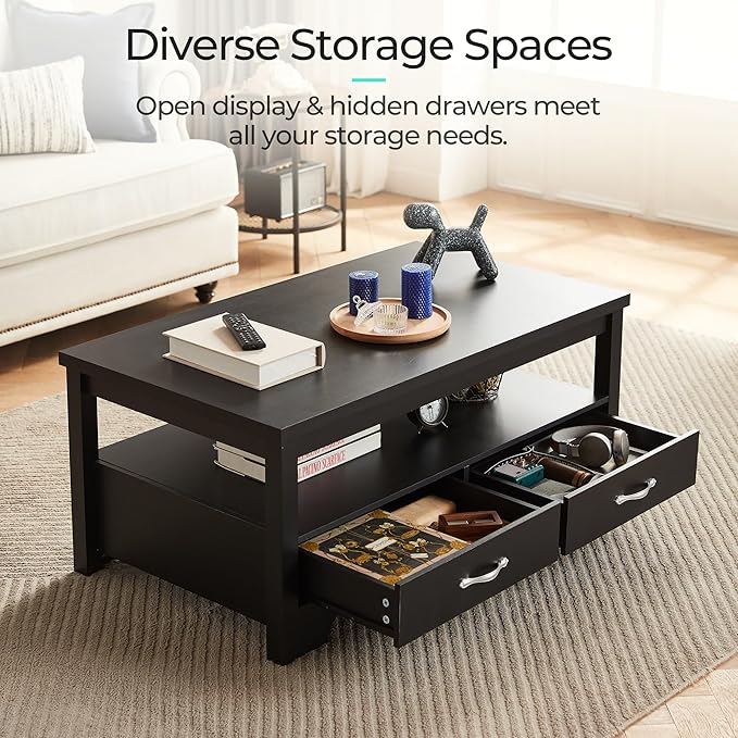 LINSY HOME Farmhouse Coffee Table with Storage, Wood Coffee Table for Living Room, Open Display Area and Storage Drawers with Metal Handles, Chic Style with Curved Base, Black