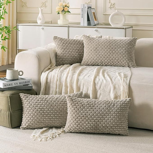 Set of 4 Taupe Decorative Throw Pillow Covers 12x20 Inch Corduroy Pillow Covers for Bed Couch Sofa Living Room Soft Cushion Cases