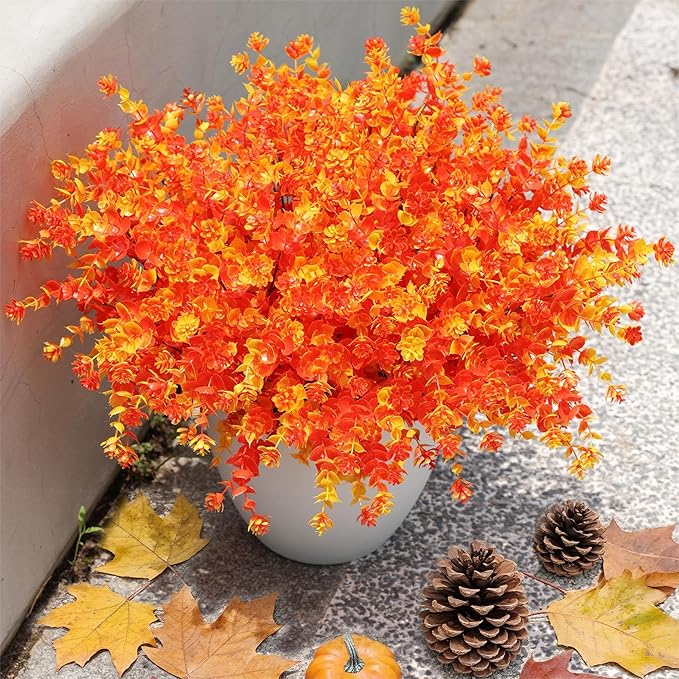 Ivydale Artificial Fake Mums Fall Flowers Plants for Outdoor Outside Autumn Decor, 12 Bundles Faux Orange Daisy Plastic Greenery UV Resistant for Front Door Porch Patio Balcony Garden Yard Decor