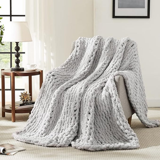 L'AGRATY Chunky Knit Blanket Throw: 80''x90'' Chenille Chunky Knitted Throw Blanket for Bed Couch - Handmade Thick Big Cable Knit Blankets - Large Crochet Rope Blankets for Home Decor(Grey)