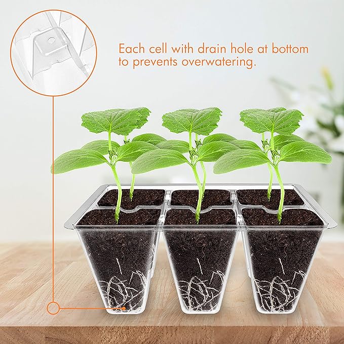 Gardzen 30 Pack 6-Cell Seed Starting Tray for Seedlings, Plant Starter Trays with Drainage Holes for Seed Germination, 5.4x3.7 inches, Clear