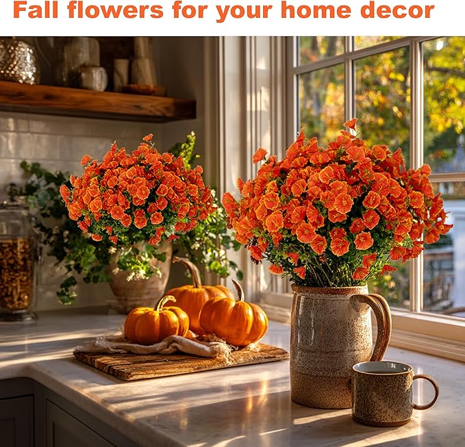 Artificial Fall Flowers Outdoor Fake Mums - 16 Bundles Fake Plants UV Resistant No Fade Faux Plastic Greenery Garden Morning Glory Home Decor (1, Orange)