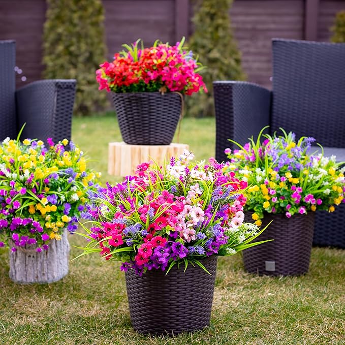 Artificial Flowers Outdoor Shrubs - 16 Bundles Fake Plants UV Resistant No Fade Faux Plastic Greenery Home Garden Porch Patio Decoration Office Indoor (1, Multi-16pcs)