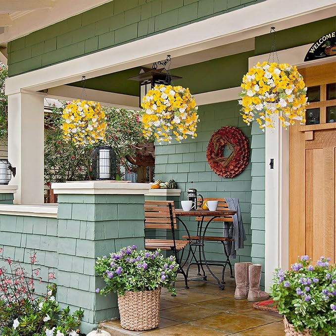 Artificial Fake Fall Hanging Flower Plants Basket for Outdoors Decoration, Faux Silk Hibiscus Long Vines in Planter UV Resistant Realistic Flowers for Outside Patio Porch Home Decor (YellowWhite)