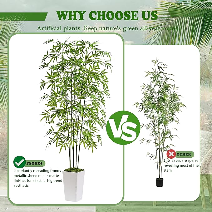 Artificial Bamboo Tree 6FT Tall Fake Plants Faux Bamboo Plant with White Tall Planter, Artificial Fake Trees Silk Plant with 5 Trunks and Lifelike Leaves for Home Office Indoor Outdoor Decor