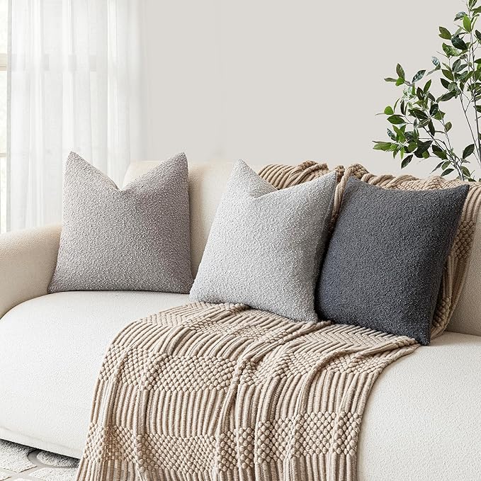 Foindtower Pack of 2 Textured Boucle Throw Pillow Covers Accent Solid Decorative Pillow Cases Cozy Woven Couch Cushion Case for Sofa Bedroom Living Room Home Decor, 20 x 20 Inch,Neutral Grey