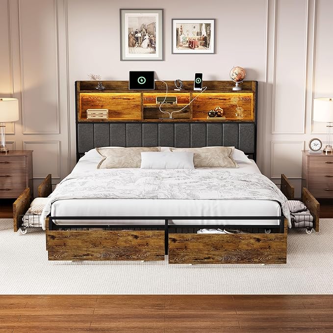 LARMACE King Bed Frame with 6 Storage Drawers, Bed Frame King Size with Linen Upholstered Headboard, Built in Charging Station and LED, No Noise, Metal Support, No Box Spring Needed,Vintage Brown