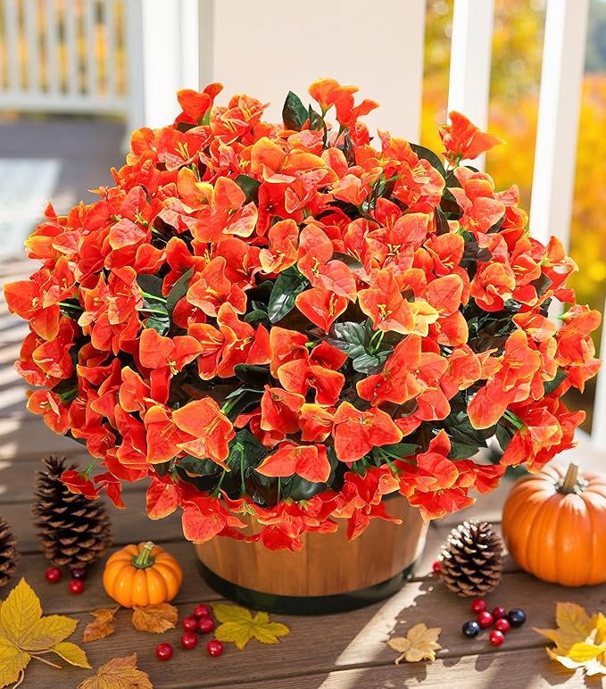 Ivydale Artificial Fall Flowers for Outdoors, 4 Bundles Fake Bougainvillea Flower Realistic Silk Flowers for Outside, Faux Fall Flowers for Outdoor Planters Patio Porch Home Decorations, Orange