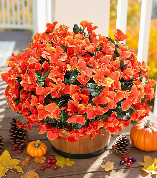 Ivydale Artificial Fall Flowers for Outdoors, 4 Bundles Fake Bougainvillea Flower Realistic Silk Flowers for Outside, Faux Fall Flowers for Outdoor Planters Patio Porch Home Decorations, Orange