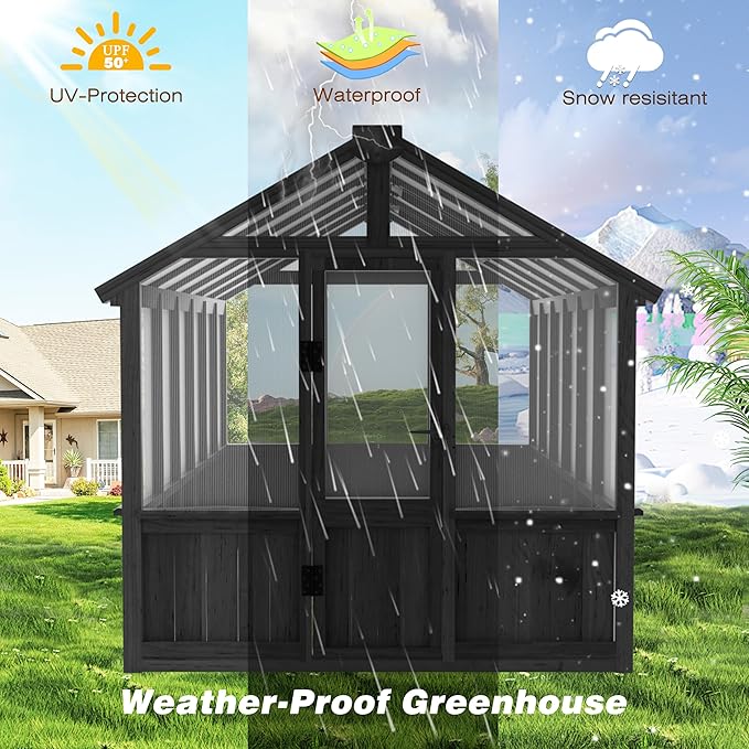 BlueWish 6x12FT Greenhouse, Greenhouse for Outdoor with Cedar Frame, Adjustable Vent, Wood Greenhouses with Polycarbonate Panel, Green House for Outside, Garden, Backyard, Black
