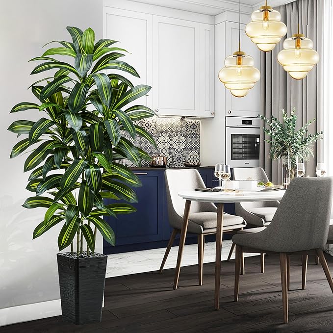 Artificial Dracaena Tree：6FT Faux Silk Tropical Yucca Floor Trees Realistic Fake Green Plant with Natural Wood Trunk & Lifelike Leaves for Home Office Decor Indoor & Outdoor (6FT,1-Pack,Black)