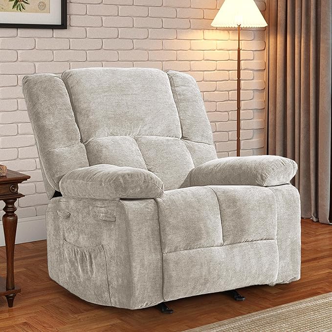 Velvet Rocker Recliner for Adults, Overstuffed Manual Recliner Chair with Spring Cushion, Rocking Chair with Side Pockets, Nursery Glider Recliner Single Sofa for Living Room (Oversize, Beige)