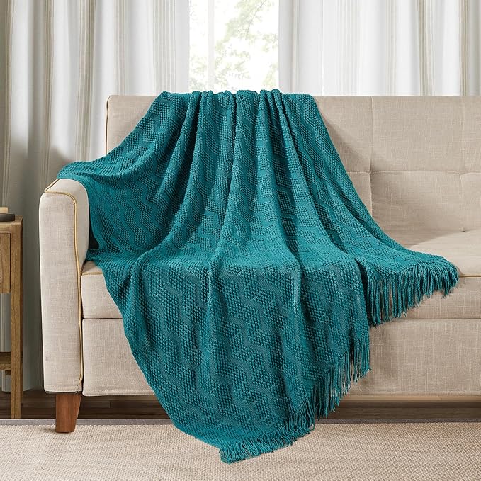 BOURINA Teal Throw Blanket 50x60 Inches Throw Textured Solid Soft Ripple Throws and Blankets for Sofa or Bed Knitted Decorative Blanket