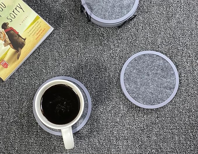 Absorbent Coasters for Drinks - 6packs, Silicone Coasters with Soft Felt Insert (4.3inch, Grey and Black)