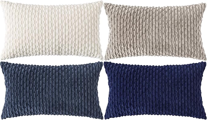 Set of 4 Navy White Taupe Decorative Throw Pillow Covers 12x20 Inch Corduroy Pillow Covers for Bed Couch Sofa Living Room Soft Cushion Cases