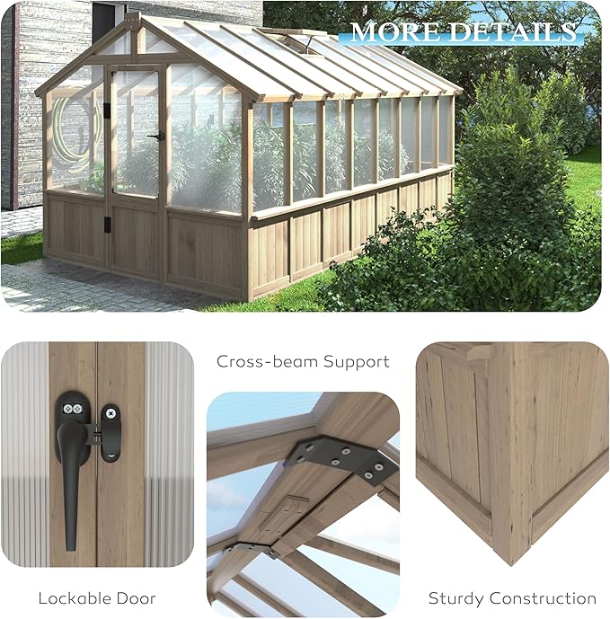 8x16 FT Greenhouse for Outdoor, 6MM Thick Polycarbonate Panel Wooden Walk-in Green House with Adjustable Roof Vents and Lockable Door, Backyard Garden, Light Mocha Brown